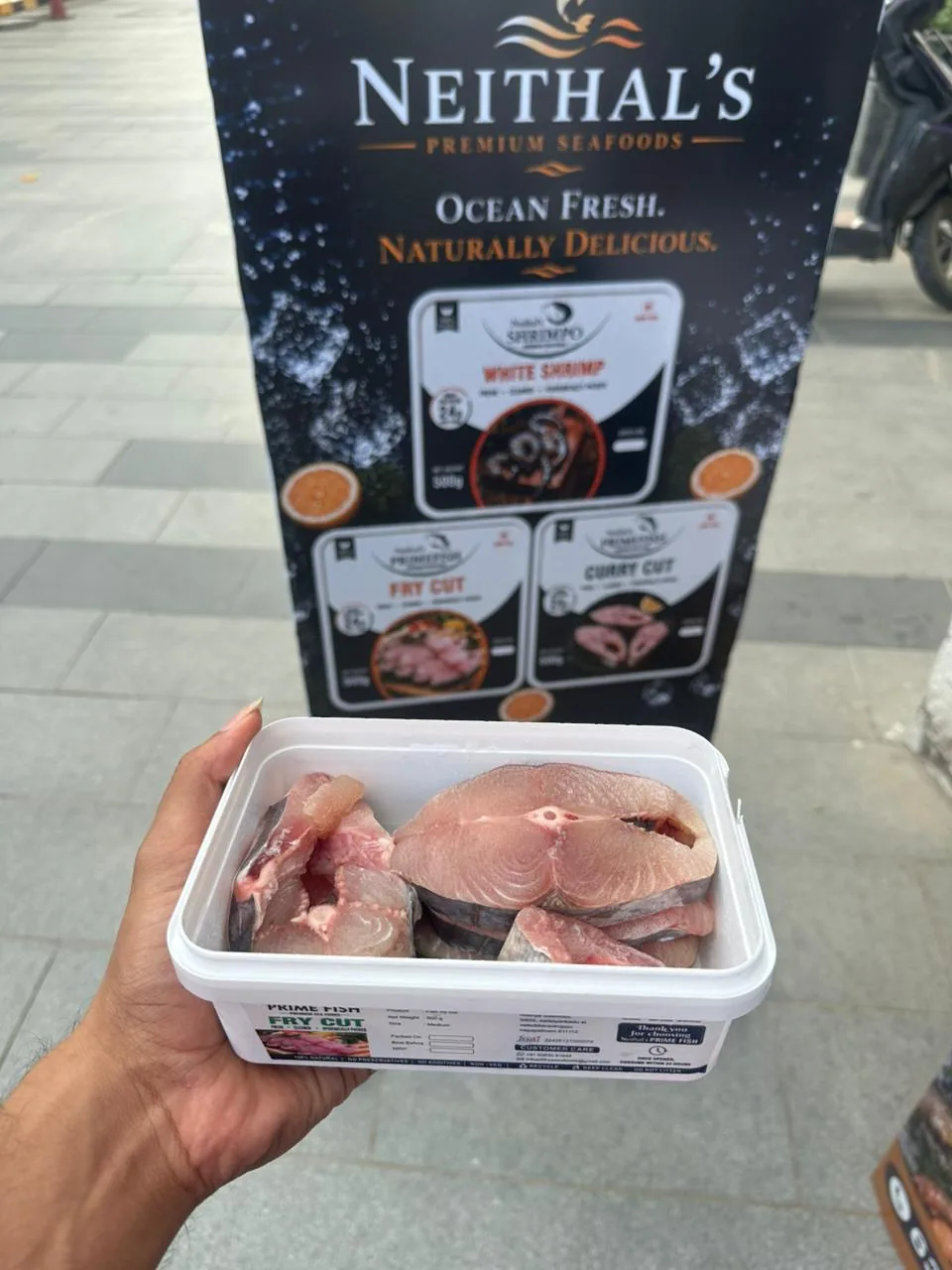 Neithal premium seafood packaging with fry cut, curry cut and white shrimp
